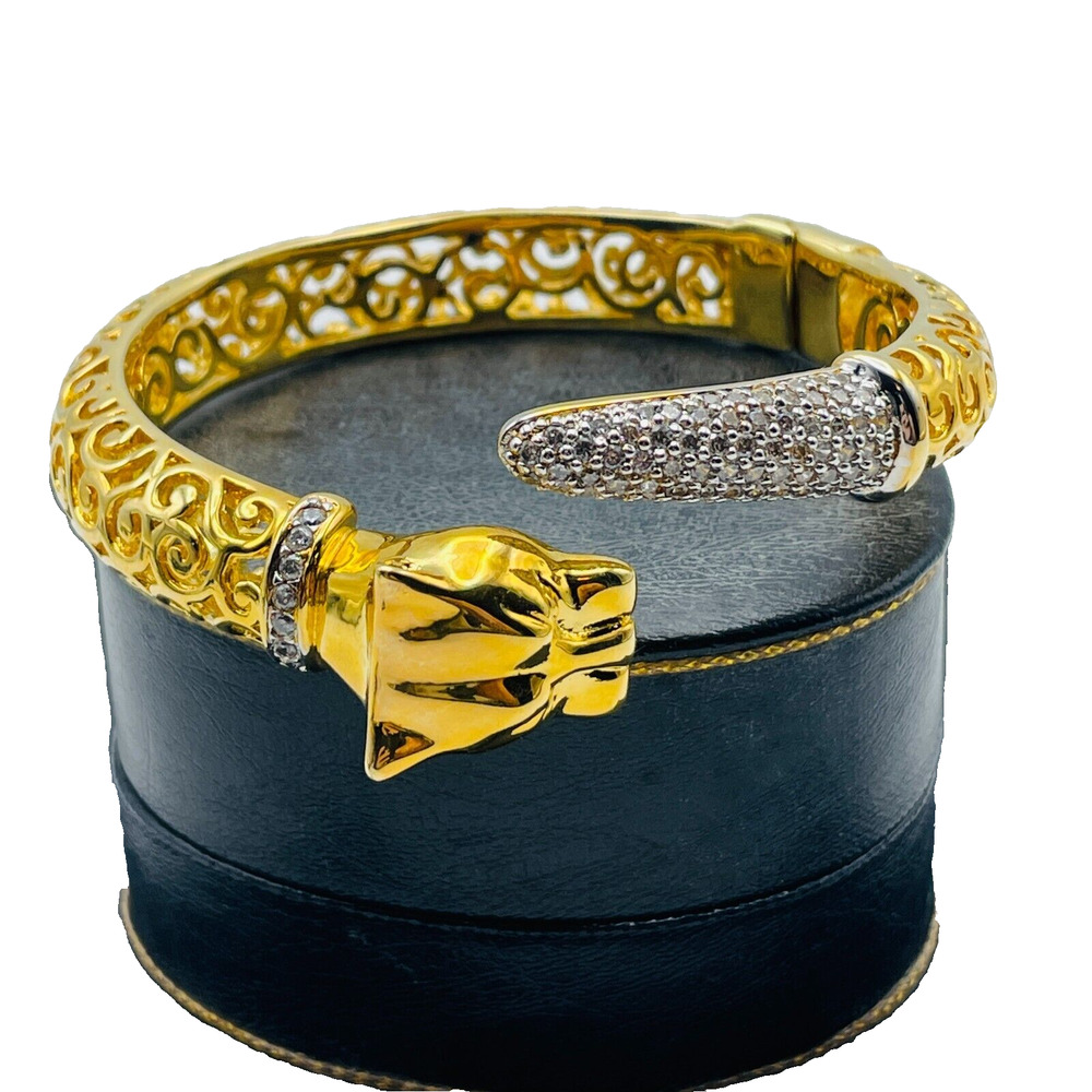 MILOR Italy 18K Gold Plated Bronze Big Cat Panther Hinged Clamper Bracelet CZ